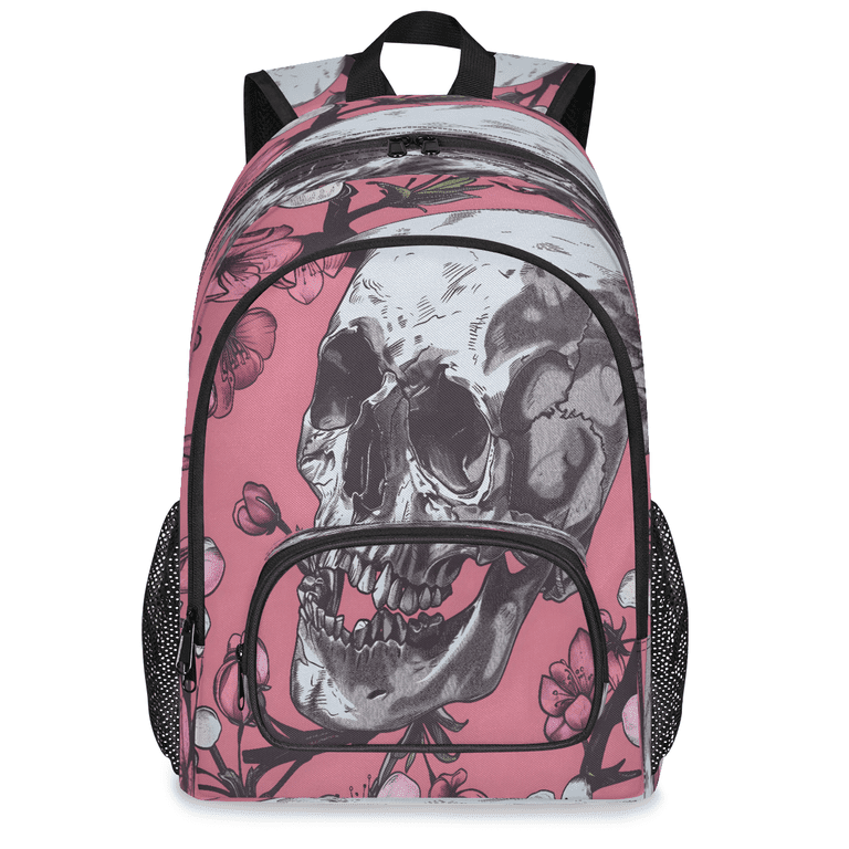 Gothic Canvas Backpack Printed Skull Tote Bag Tablet Edgy Skull Floral Backpack Trendy School Bag, Gothic Style  main image 2