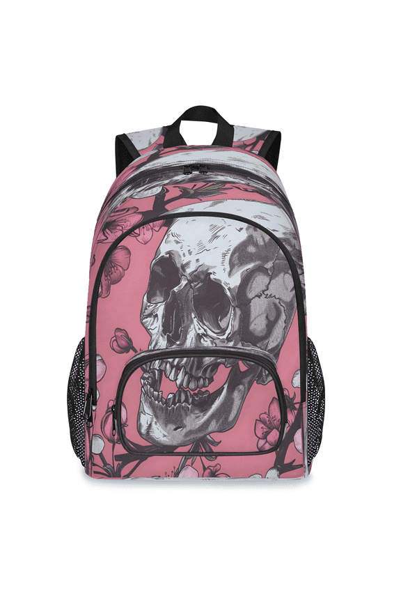 Skull Cherry Blossoms Backpack, Large Gothic Skull Floral Travel Laptop Backpack Men Women Work Business Computer Casual Daypack Rucksack, 18 Inch