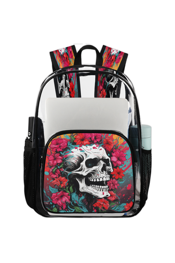 Skull Red Hibiscus Flowers Clear Backpack for Stadium Events, Gothic Skull Transparent Plastic Bag for Games, Security Checks, Festivals, Concerts