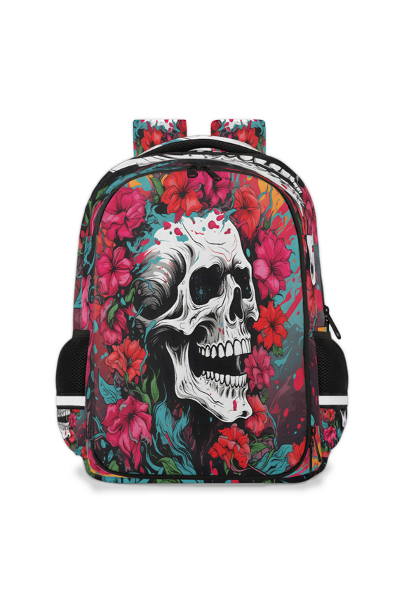 Skull Red Hibiscus Flowers Travel Backpack for Adults, Multi-Functional Casual Daypack with Adjustable Shoulder Straps, Gothic Skull Laptop Bag for Work Outdoor
