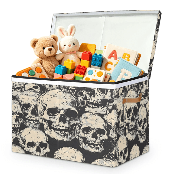 Jiaoprinted Skulls Toy Storage Box Chest with Lid & Divider, Skull Gothic Dark Grey Foldable Toy Organizer Bin with Sturdy Handles for Nursery Living Room, 85L, 25"x13"x16"