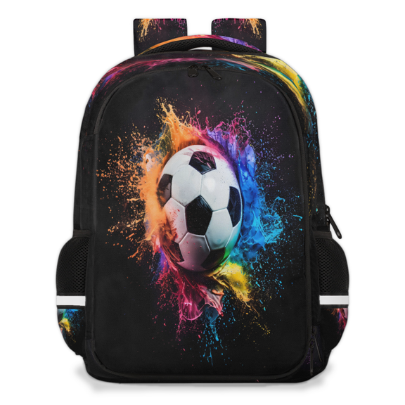 Jiaoprinted Soccer Ball Multi-Functional Backpack, 16" Waterproof Travel Casual Daypack with Reflective Strip, Rainbow Paint Splashes Work Laptop Backpack for Men Women