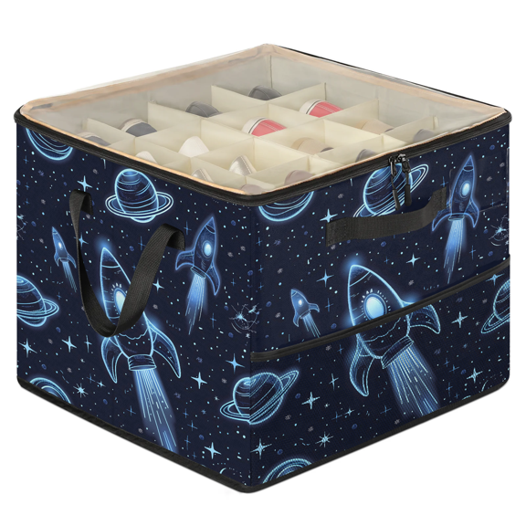 Jiaoprinted Space Rockets Planets Shoe Storage Box with Adjustable Dividers, Large Shoe Organizer with Clear Transparent Lid, Neon Cosmic Foldable Stackable Shoes Storage Bin for Closet Entryway