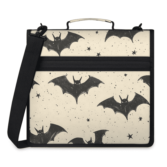 Jiaoprinted Spooky Halloween Pattern Zipper Binder, Black Bats 3 D-Ring Binder, Multi-Pocket Expanding Organizer Bag with Handle and Shoulder Strap for Travel Work