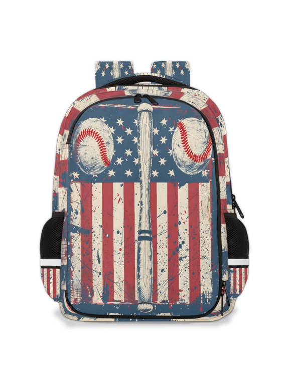 Sport Multi-Functional Backpack, 16" Waterproof Travel Casual Daypack with Reflective Strip, American Flag Vintage Baseball Work Laptop Backpack for Men Women