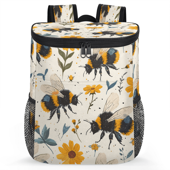 Jiaoprinted Spring Bees Portable Leakproof Cooler Backpack, Wildflowers Insulated Backpack Cooler for Picnic Camping
