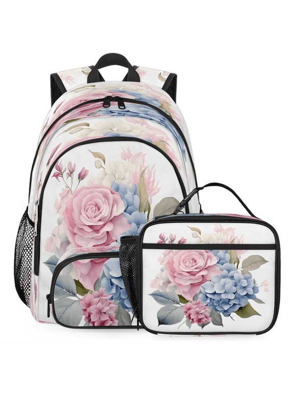 Spring Floral Backpack with Insulated Cooler Lunch Box, Lightweight Hydrangea Rose Work Laptop Backpack with Lunch Bag, Travel Computer Casual Daypack, 18.3 Inch