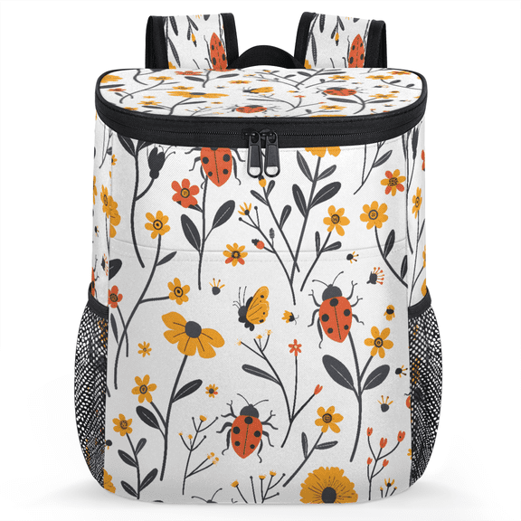 Jiaoprinted Spring Floral Ladybird Leakproof Cooler Backpack, Wildflowers Insulated Backpack Cooler for Outdoor