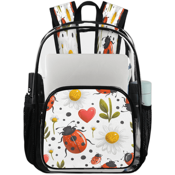 Jiaoprinted Spring Floral Ladybugs Clear Backpack for Stadium Events, Daisy Ladybird Transparent Plastic Bag for Games, Security Checks, Festivals, Concerts