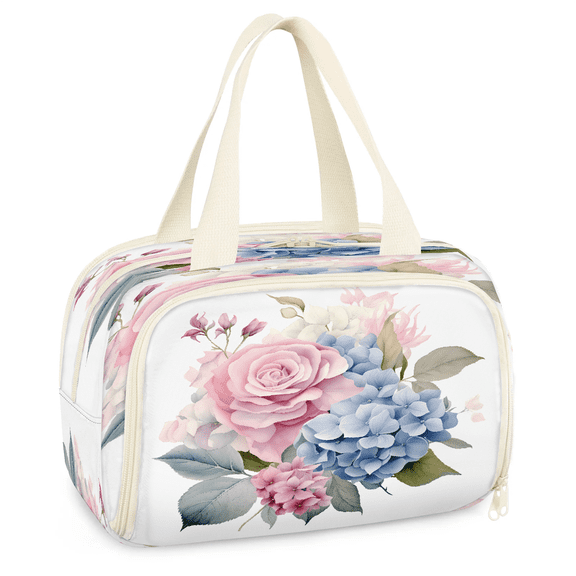 Jiaoprinted Spring Floral Travel Toiletry Bag for Women, Large Wide-open Makeup Bag, Hydrangea Rose Waterproof Cosmetic Bag Organizer with Handle