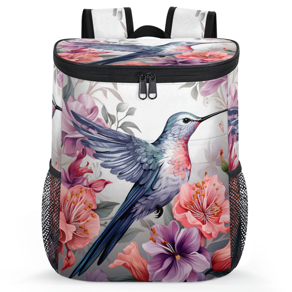 Jiaoprinted Spring Hummingbird Floral Portable Leakproof Cooler Backpack, Floral Bird Insulated Backpack Cooler for Picnic Camping