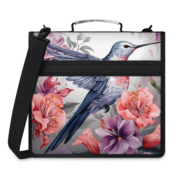 Jiaoprinted Spring Hummingbird Floral Zipper 3 D-Ring Binder Bag with Shoulder Strap, Floral Bird Waterproof Expanding Binder, Multi-Pocket Portfolio Organizer Case