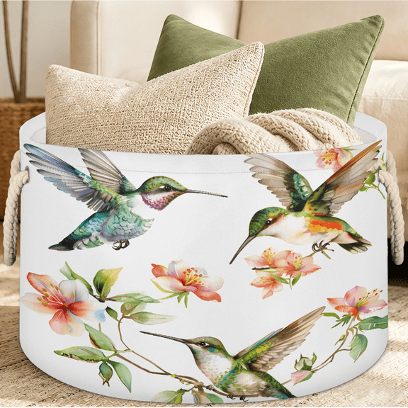 Jiaoprinted Spring Hummingbird Large Round Collapsible Storage Basket, 65L Fabric Storage Organizer Bin with Handles for Blankets Linens Clothes, 19.4" x 13.3" Blossoms