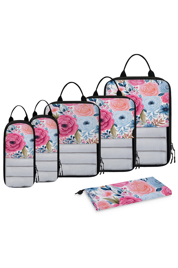 Spring Rose Compression Packing Cubes for Travel Luggage, Colorful Flower 6 Set Expandable Packing Organizers Foldable Lightweight Suitcase Storage Bags