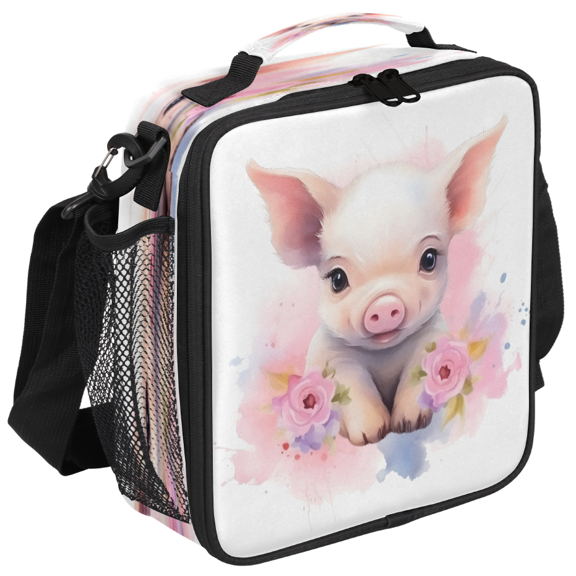 Jiaoprinted Spring Rose Pig Insulated Lunch Box Bag, Watercolor Pig Leakproof Portable Adults Lunch Cooler Tote Bag for Work Picnic