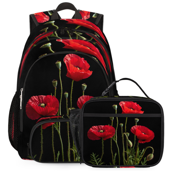 Jiaoprinted Spring Summer Backpack with Insulated Cooler Lunch Box, Lightweight Red Poppy Work Laptop Backpack with Lunch Bag, Travel Computer Casual Daypack, 18.3 Inch