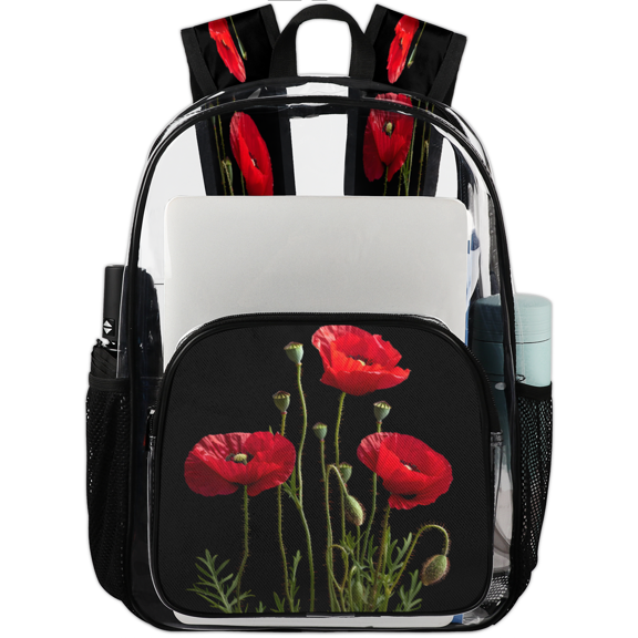 Jiaoprinted Spring Summer Clear Backpack for Stadium Events, Transparent Backpacks See Through Plastic Bag for Concerts & Work, Red Poppy