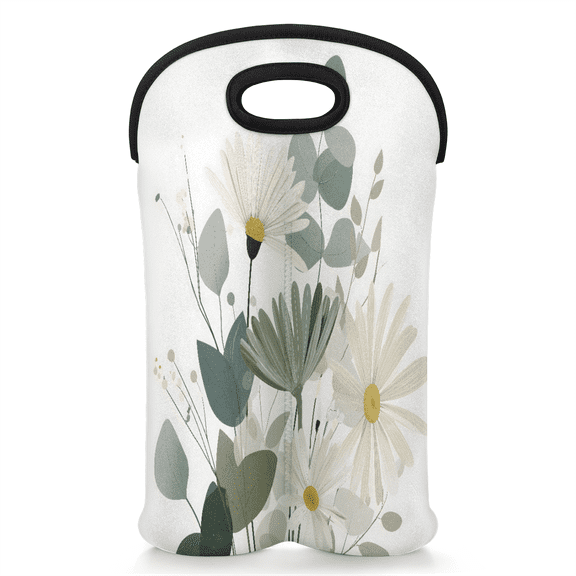 Jiaoprinted Spring White Daisies 2 Bottle Neoprene Wine Carrier Tote Bag, Eucalyptus Leaf Reusable Wine Carrying Bag for Travel Restaurant Party Beach