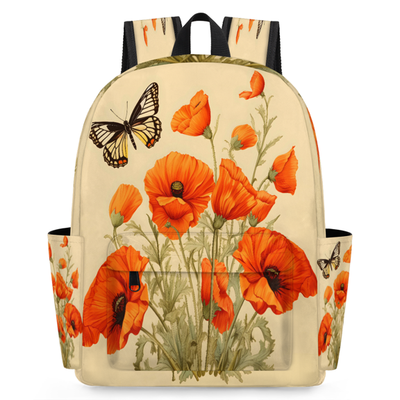 Jiaoprinted Spring Wildflowers Backpack for Adults, Breathable Adjustable Strap Casual Daypack, Lightweight Orange Poppy Butterfly Work Laptop Backpack