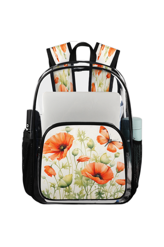 Spring Wildflowers Clear Backpack for Stadium Events, Orange Red Poppy Butterfly Transparent Plastic Bag for Games, Security Checks, Festivals, Concerts