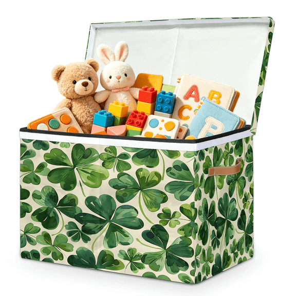 Jiaoprinted St. Patrick's Day Large Toy Storage Box with Lid and Divider, Green Clover Leaves Foldable Toy Storage Organizer, Stackable Storage Container Home Organization, 85L