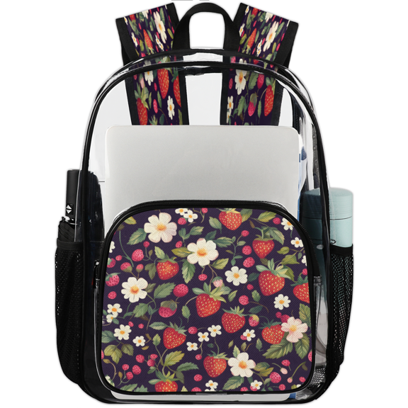Jiaoprinted Strawberries Clear Backpack for Stadium Events, Spring Flowers Transparent Plastic Bag for Games, Security Checks, Festivals, Concerts