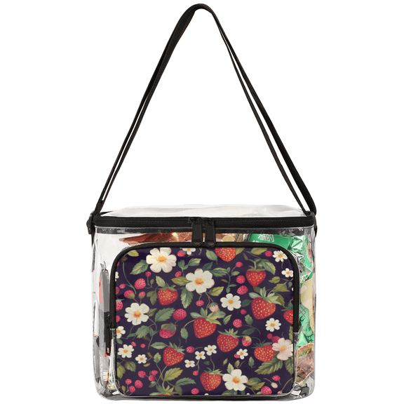 Jiaoprinted Strawberries Clear Lunch Bag, Spring Flowers Reusable Plastic See Through Lunch Box Tote for Work Picnic Stadium Approved