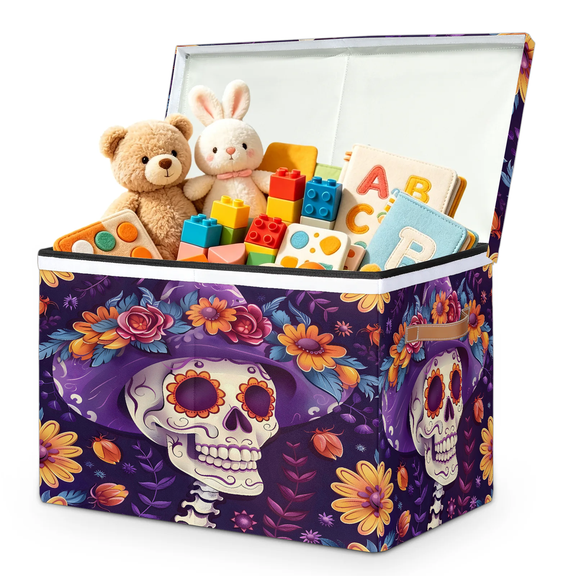 Jiaoprinted Sugar Skull Large Toys Storage Box with Lid and Divider, Halloween Sunflowers Foldable Toys Storage Organizer, Stackable Storage Container Home Organization, 85L