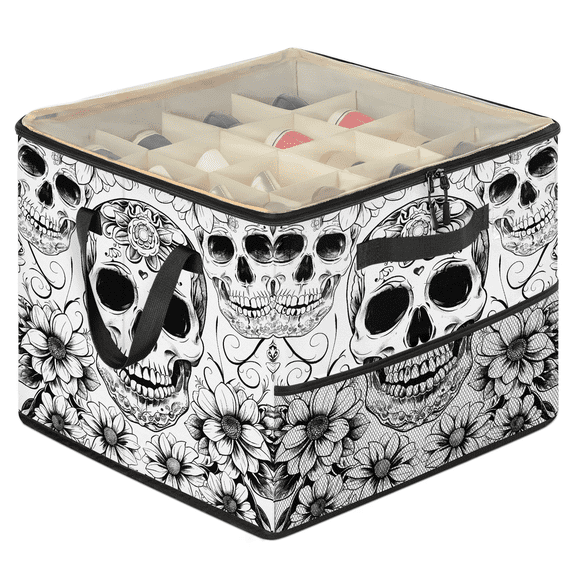 Jiaoprinted Sugar Skulls Flowers Shoe Storage Box with Adjustable Dividers, Large Shoe Organizer with Clear Transparent Lid, Halloween Foldable Stackable Shoes Storage Bin for Closet Entryway