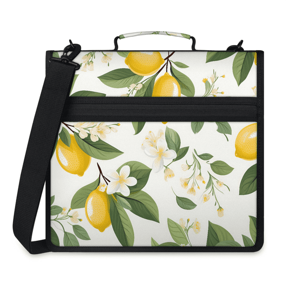 Jiaoprinted Summer Lemon Floral Zipper Binder, Fruit Leaves 3 D-Ring Binder, Multi-Pocket Expanding Organizer Bag with Handle and Shoulder Strap for Travel Work