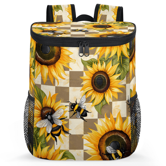 Jiaoprinted Sunflower Bee Floral Portable Leakproof Cooler Backpack, Spring Summer Insulated Backpack Cooler for Picnic Camping