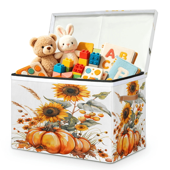 Jiaoprinted Sunflower Orange Pumpkin Toy Storage Box Chest with Lid & Divider, Watercolor Fall Foldable Toy Organizer Bin with Sturdy Handles for Nursery Living Room, 85L, 25"x13"x16"