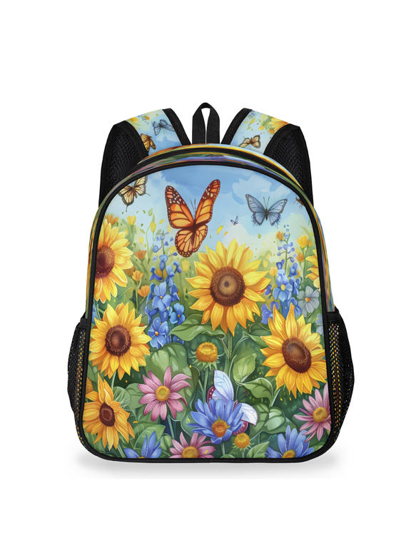 Sunflowers Butterflies Backpack, Lightweight Casual Daypack with Chest Strap & Water Bottle Pockets, Summer Floral Sports Travel Bag for Work