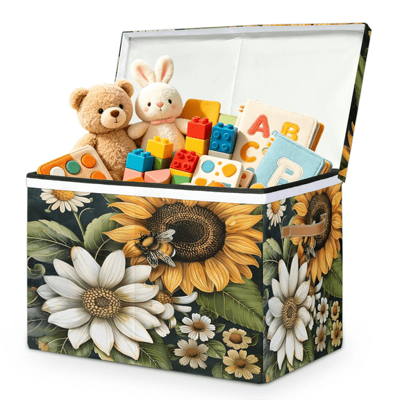 Jiaoprinted Sunflowers Daisies Large Toys Storage Box with Lid and Divider, Bee Foldable Toys Storage Organizer, Stackable Home Organization, 85L