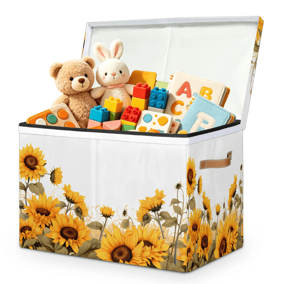 Jiaoprinted Sunflowers Toy Storage Box Chest with Lid & Divider, Spring Sunflower Foldable Toy Organizer Bin with Sturdy Handles for Nursery Living Room, 85L, 25"x13"x16"