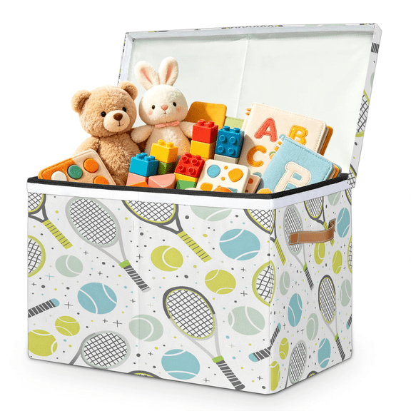 Jiaoprinted Tennis Rackets and Balls Pattern Large Toys Storage Box with Lid and Divider, Tennis Sports Foldable Toys Storage Organizer, Stackable Home Organization, 85L