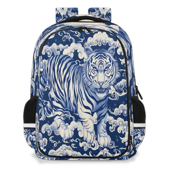 Jiaoprinted Tiger Animal Multi-Functional Backpack, 16" Waterproof Travel Casual Daypack with Reflective Strip, Blue Clouds Work Laptop Backpack for Men Women