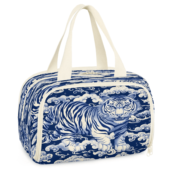 Jiaoprinted Tiger Animal Travel Makeup Bag for Women, Large Waterproof Toiletry Organizer, Portable Cosmetic Pouch with Handle for Daily Use, Blue Clouds