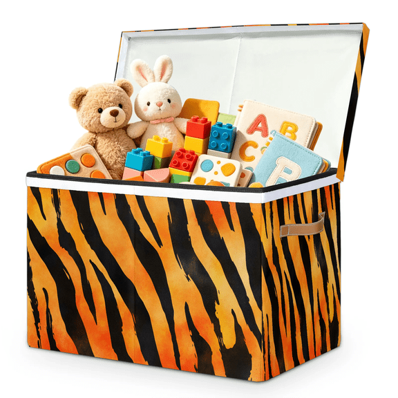 Jiaoprinted Tiger Print Large Toy Storage Box with Lid and Divider, Animal Print Foldable Toy Storage Organizer, Stackable Storage Container Home Organization, 85L