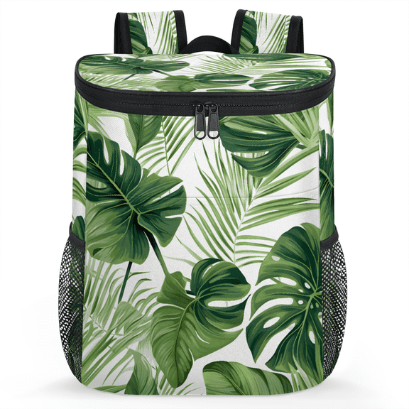 Jiaoprinted Tropical Leaves Portable Leakproof Cooler Backpack, Summer Botanical Insulated Backpack Cooler for Picnic Camping