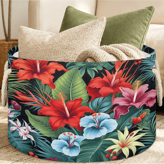 Jiaoprinted Tropical Palm Leaves Large Round Collapsible Storage Basket, 65L Fabric Storage Organizer Bin with Handles for Blankets Linens Clothes, 19.4" x 13.3" Hibiscus Flowers Summer