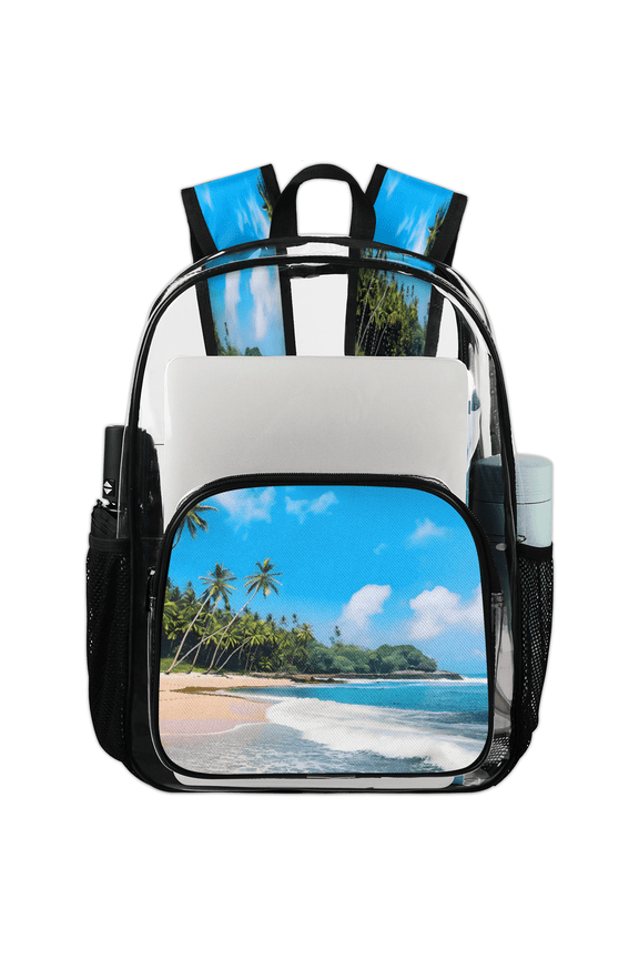 Tropical Palm Trees Clear Backpack for Stadium Events, Transparent Backpacks See Through Plastic Bag for Concerts & Work, Beach Coastal