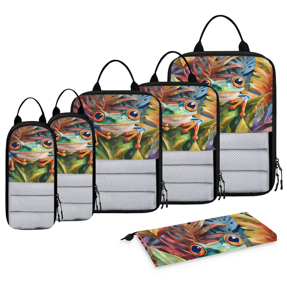 Jiaoprinted Tropical Rainforest Frog 6 Set Compression Packing Cubes for Travel Essentials, Cute Animals Leaves Lightweight Carry on Expandable Luggage Organizer Bags for Women Men