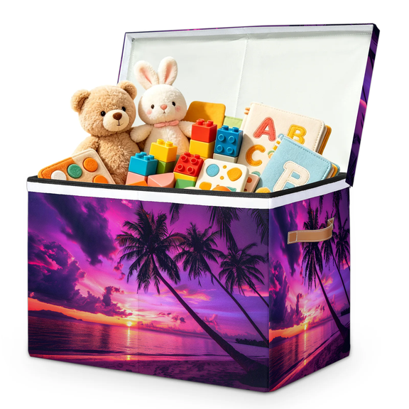 Jiaoprinted Tropical Sunset Large Toy Storage Box with Lid and Divider, Palm Trees Foldable Toy Storage Organizer, Stackable Storage Container Home Organization, 85L