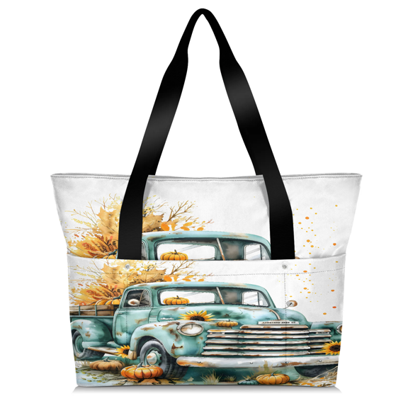 Jiaoprinted Truck Pumpkin Tote Bag for Women, Vintage Farm Truck Zipper Travel Handbag for Teacher Nurse, Lightweight Work Shoulder Bag