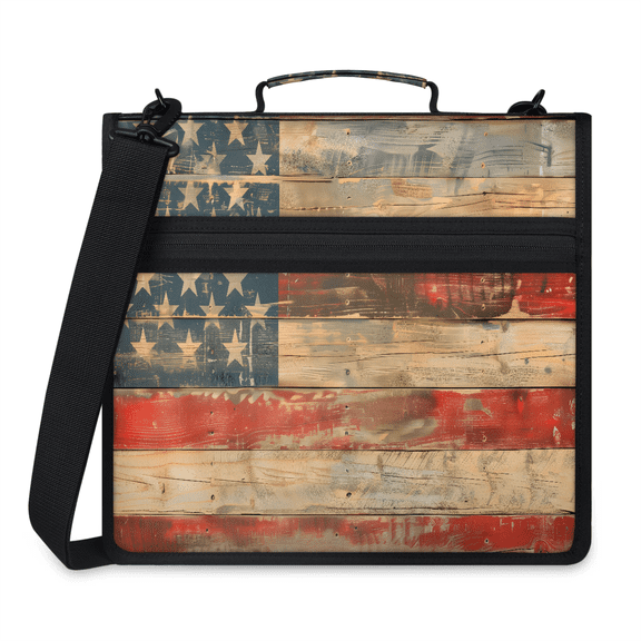 Jiaoprinted Vintage American Flag Zipper 3 D-Ring Binder Bag with Shoulder Strap, Independence Day Waterproof Expanding Binder, Multi-Pocket Portfolio Organizer Case