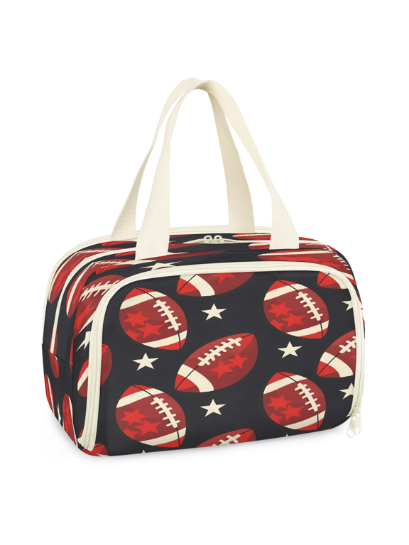 Vintage American Football Travel Makeup Bag for Women, Large Waterproof Toiletry Organizer, Portable Cosmetic Pouch with Handle for Daily Use, Retro Sports