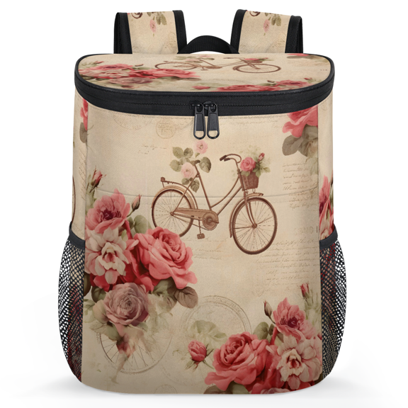 Jiaoprinted Vintage Bicycle Roses Portable Leakproof Cooler Backpack, Shabby Chic Floral Bike Insulated Backpack Cooler for Picnic Camping