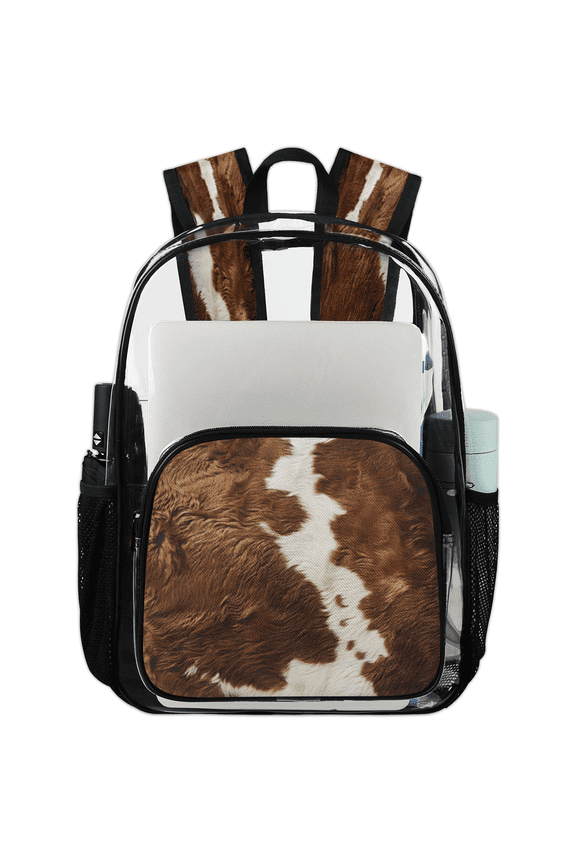 Vintage Cowhide Print Clear Backpack for Stadium Events, Transparent Backpacks See Through Plastic Bag for Concerts & Work, Rustic Western Animal Print
