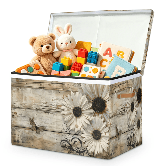 Jiaoprinted Vintage Farmhouse Wooden Daisy Large Toy Storage Box with Lid and Divider for Grils Boys, Wood Plank Foldable Toy Storage Organizer, Stackable Storage Container Home Organization, 85L